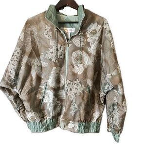 Vintage Pacific Cove Nylon Bomber Jacket Roses Teal Grey Foliage Print Size XL